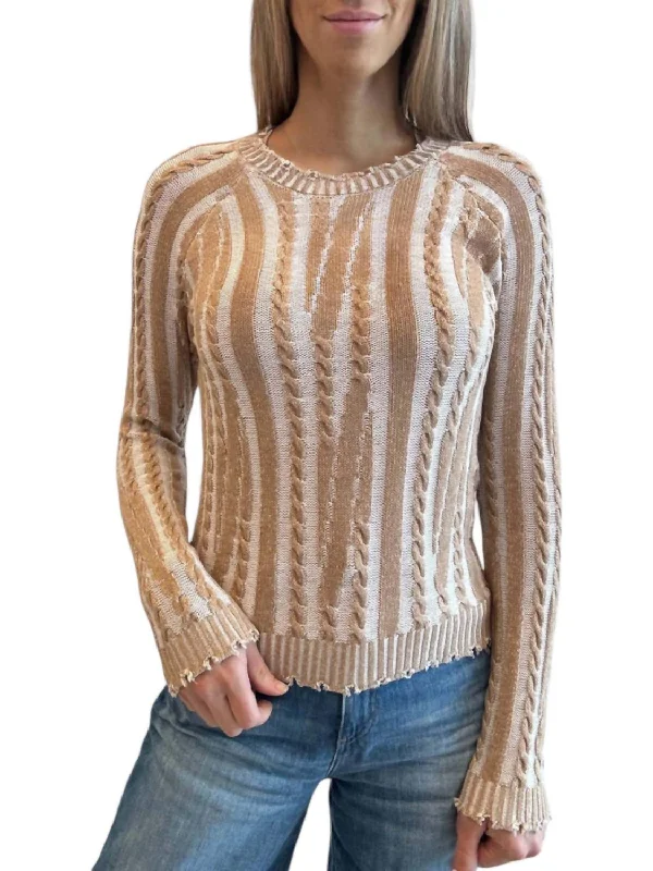 Cotton Plaited Cable Sweater In White/camel