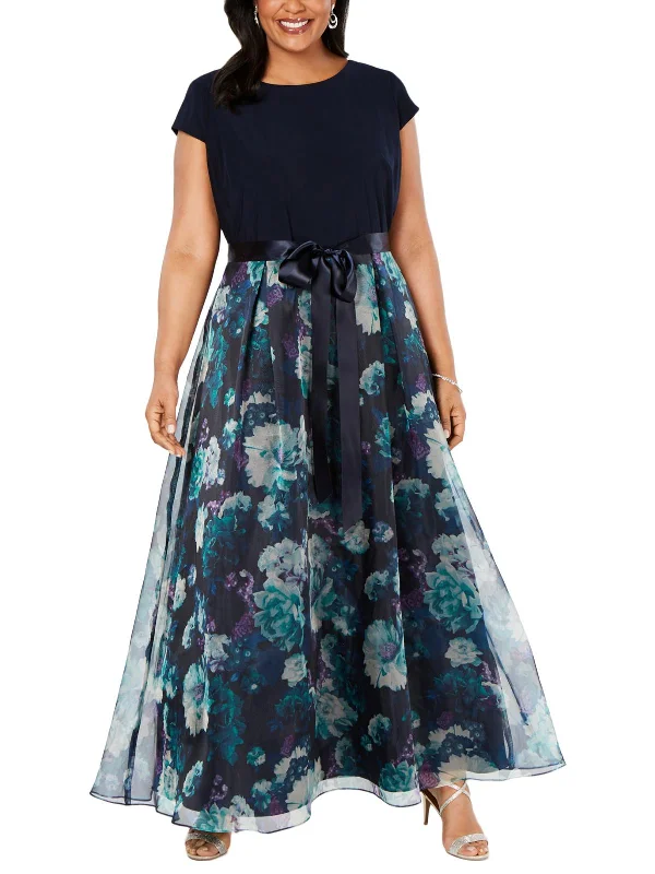 Plus Womens Floral Cap Sleeve Formal Dress