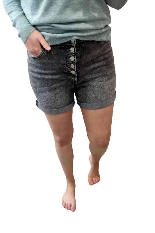 High Waist Button Fly Cuffed Shorts In Grey