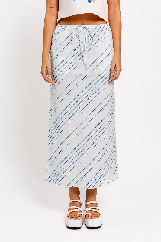 Bias Cut Linen Maxi Skirt In White/blue