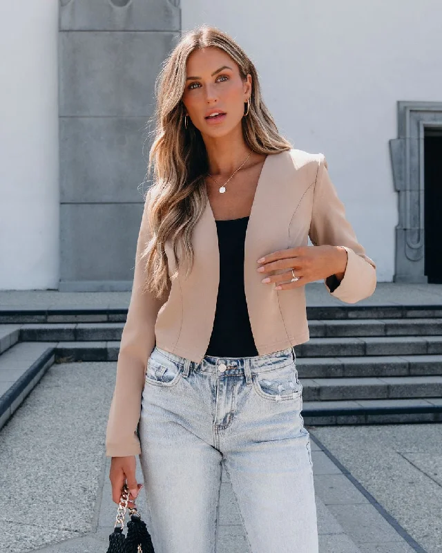 Khaki Collarless Open Front Blazer