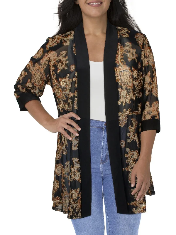 Plus Womens Mesh Printed Duster Blazer