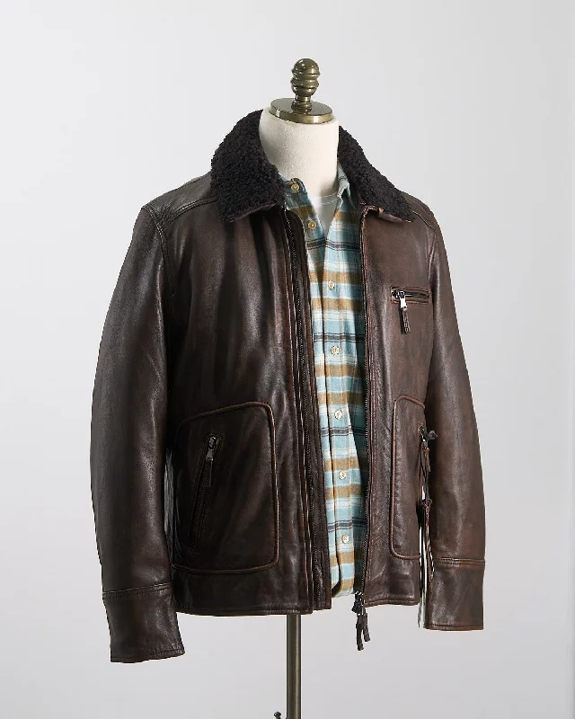 Vintaged Aviator Leather Jacket With Removable Shearling Collar