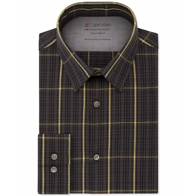 Calvin Klein Men's Extreme Slim-Fit Temperature Regulation Check Dress Shirt Yellow Size 32-33