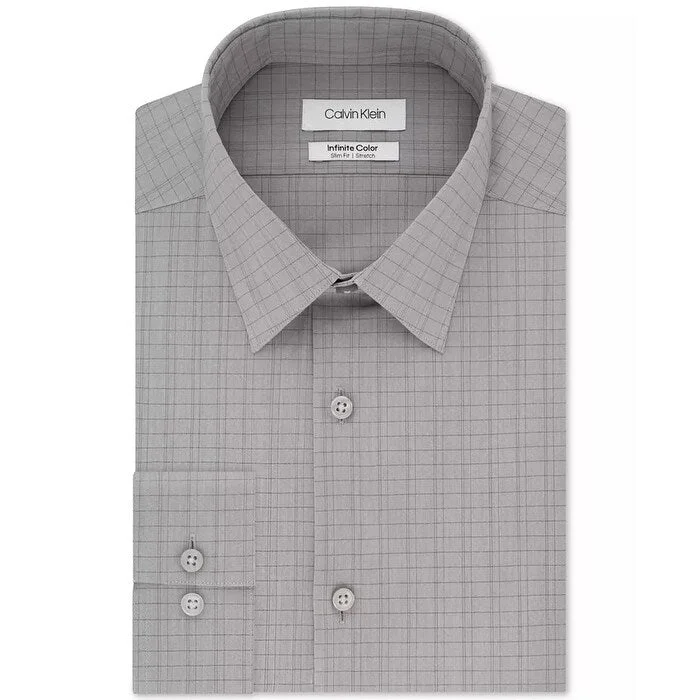 Calvin Klein Men's Infinite Color Slim-Fit Non-Iron Stretch Gray Check Dress Shirt Gray Size 15X32-33 - 15X32-33"