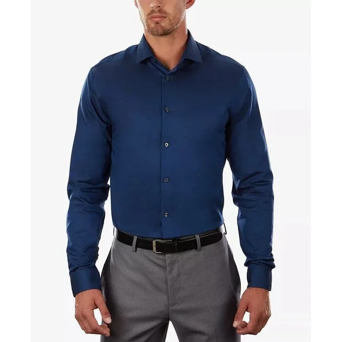 Calvin Klein X Men's Steel Extra Slim Fit Non Iron Performance Herringbone Dress Shirt Blue Size 16X32X33