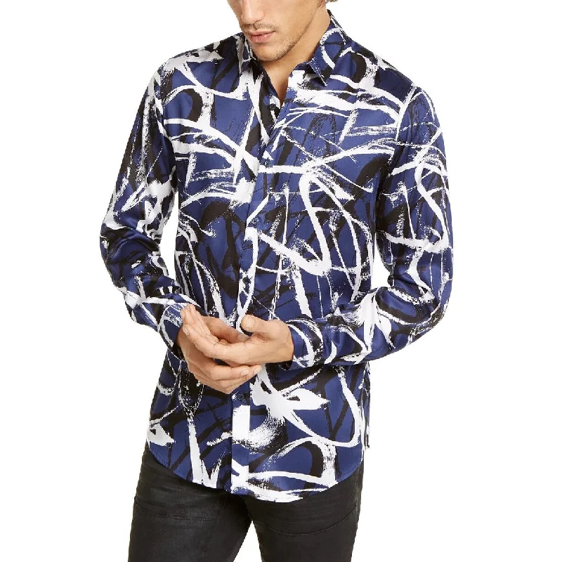 INC International Concepts Men's Abstract Scribble-Print Shirt Navy Size Small