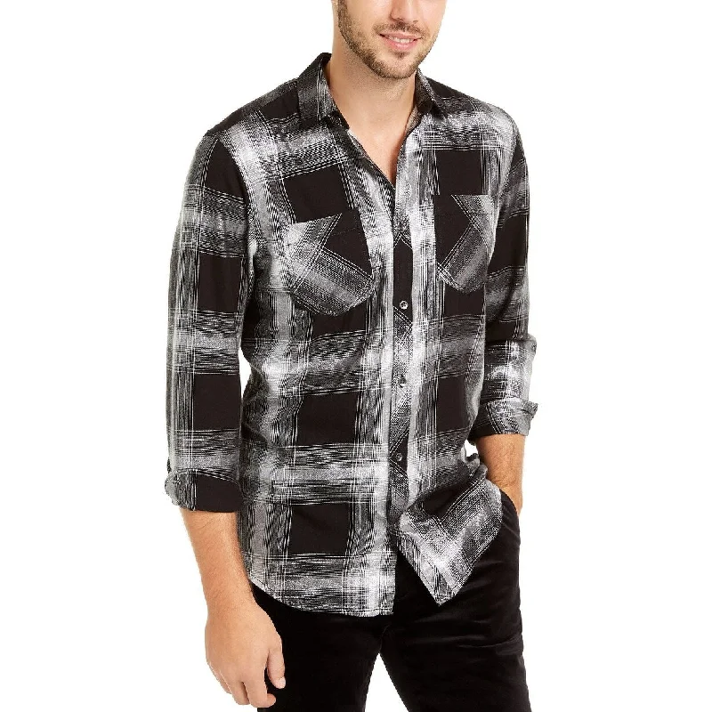 INC Men's Metallic Plaid Shirt Black Size Medium