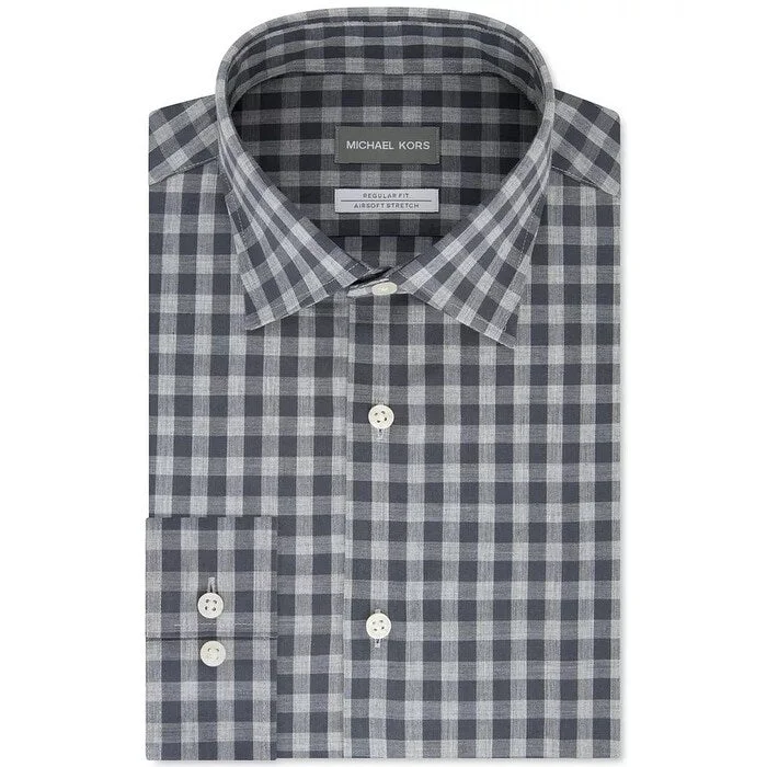 Michael Kors Men's Classic/Regular-Fit Non-Iron Airsoft Performance Stretch Check Dress Shirt Gray Size 17.5X32-33