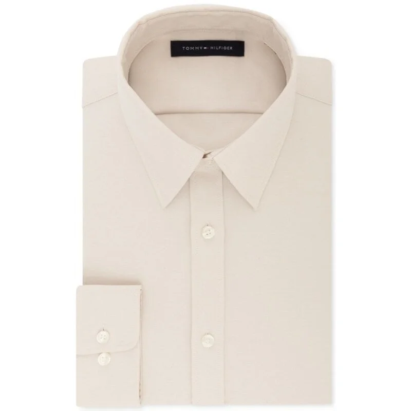 Tommy Hilfiger Men's Athletic Fit Performance Stretch Th Flex Collar Solid Dress Shirt Beige Size 16.5X32-33