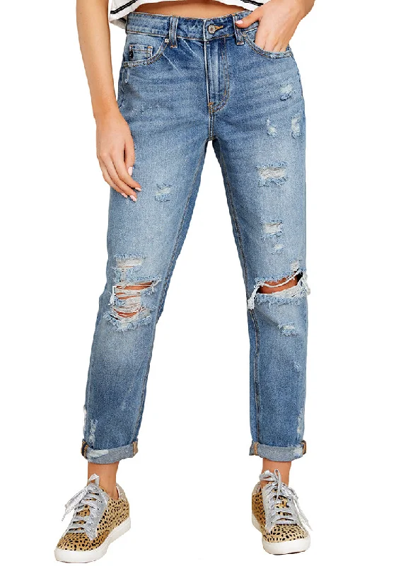 Blue Cuffed Hem Ripped Boyfriend Jeans