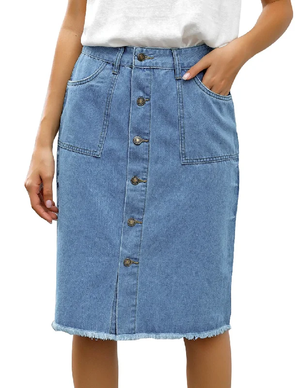 Blue Frayed Hem Button-Down Midi Denim Skirt