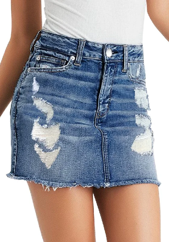 Blue Frayed Raw Hem Ripped Denim Mini Skirt