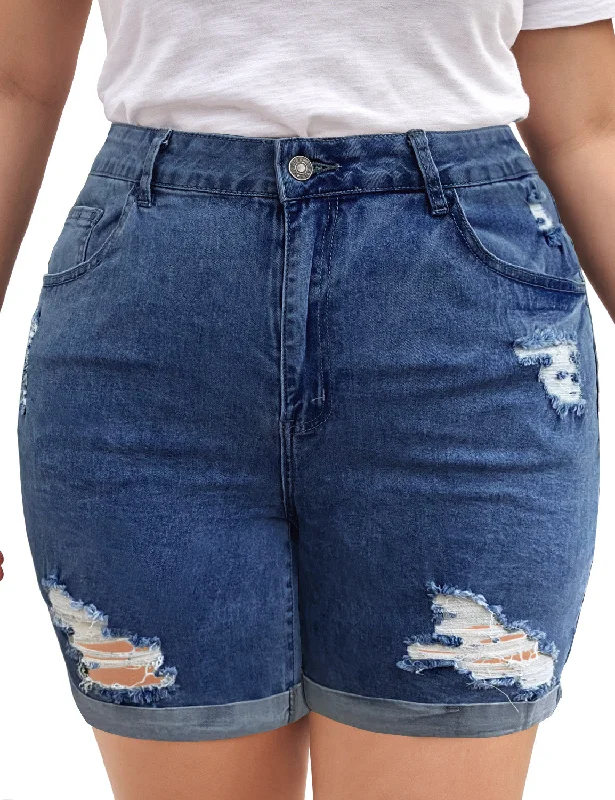 Blue Plus Size High-Waist Cuffed Hem Distressed Denim Biker Shorts