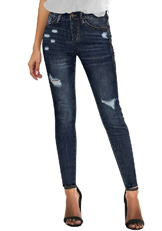 Dark Blue High-Rise Ripped Skinny Denim Jeans