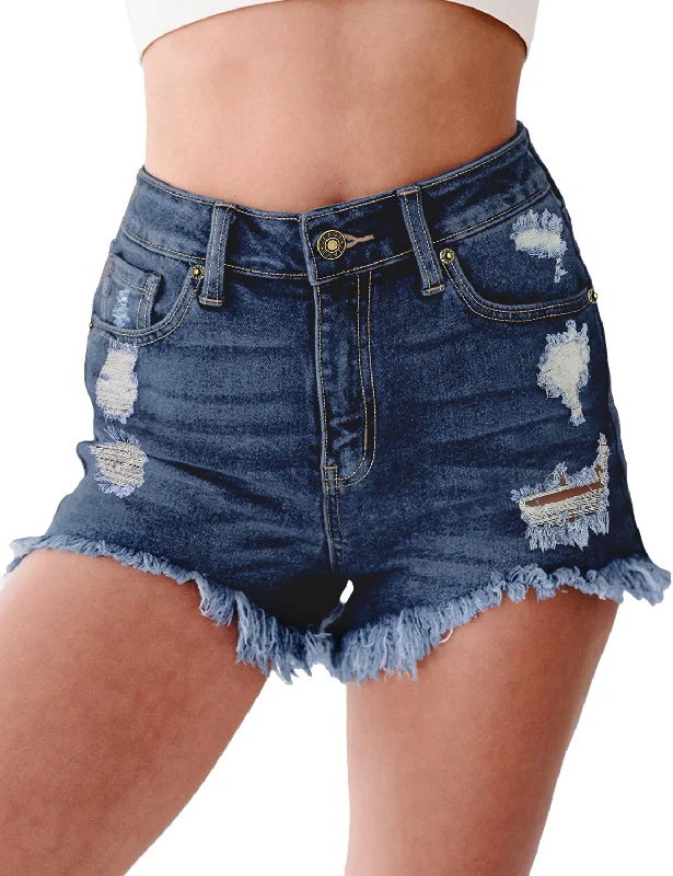 Dark Blue High-Waist Frayed Raw Hem Ripped Denim Shorts