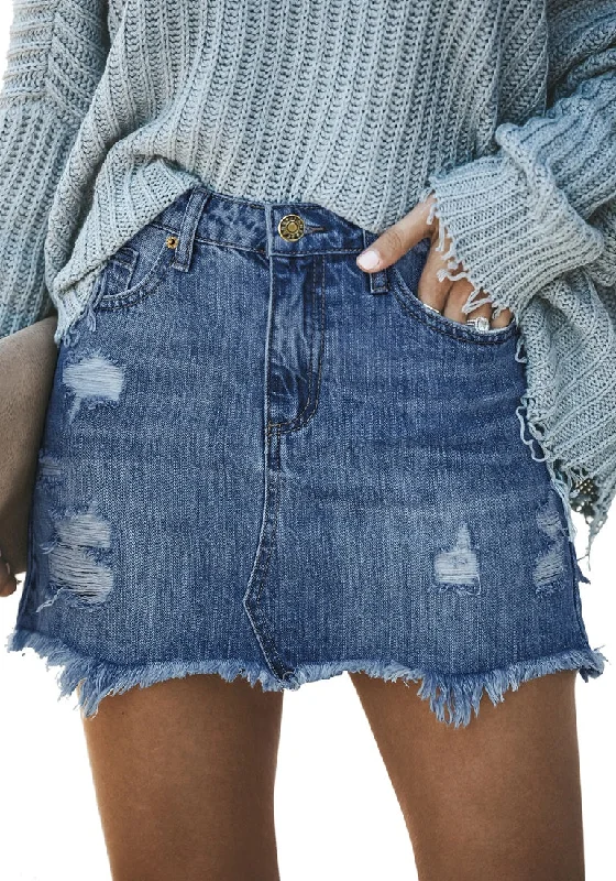 Deep Blue Casual Spliced High Waist Frayed Hem Distressed Pockets Denim Short Skirt