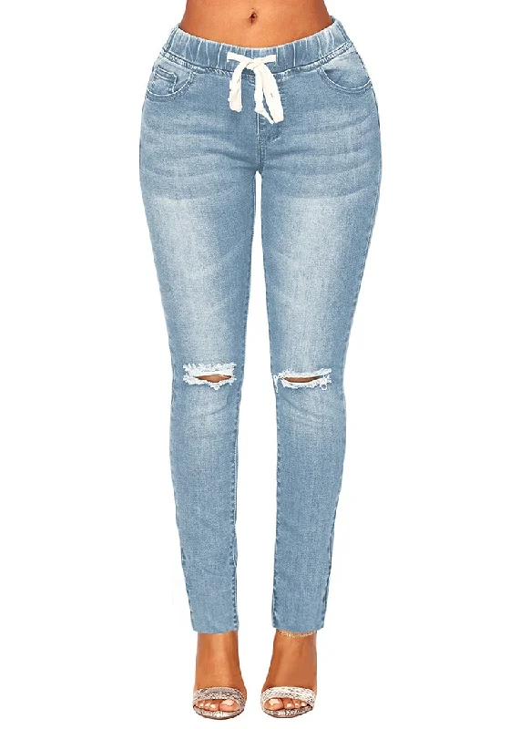 Light Blue Drawstring-Waist Washout Ripped Skinny Jeans