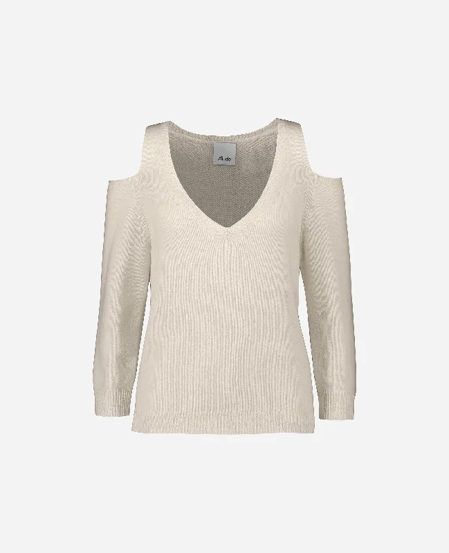 V-Pullover aus Cashmere-Mischung in Creme