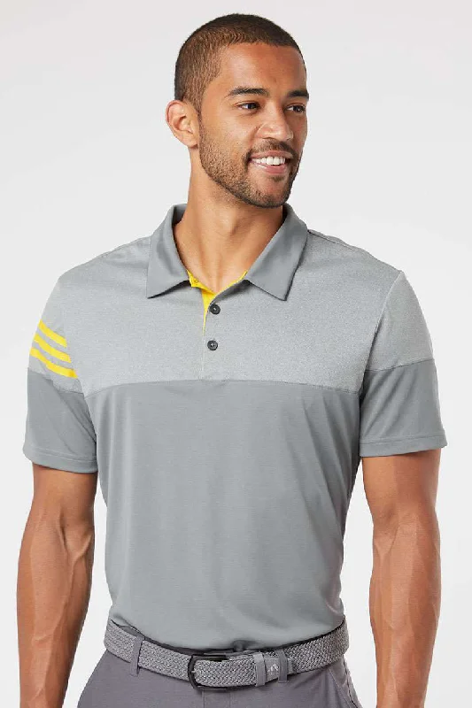 Adidas Mens 3 Stripes Colorblock Moisture Wicking Short Sleeve Polo Shirt - Vista Grey/Yellow