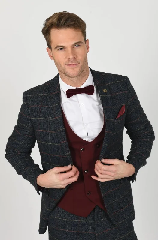 Eton Blue Tweed Suit with Wine Waistcoat | Wedding Wear | Office Suit | Check Suit