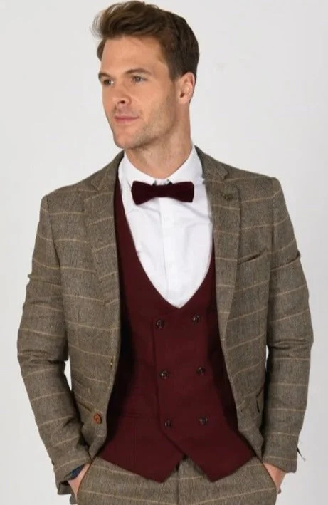 Brown Tweed Suit with Wine Waistcoat | Check Suit | Wedding Wear | Office Wear