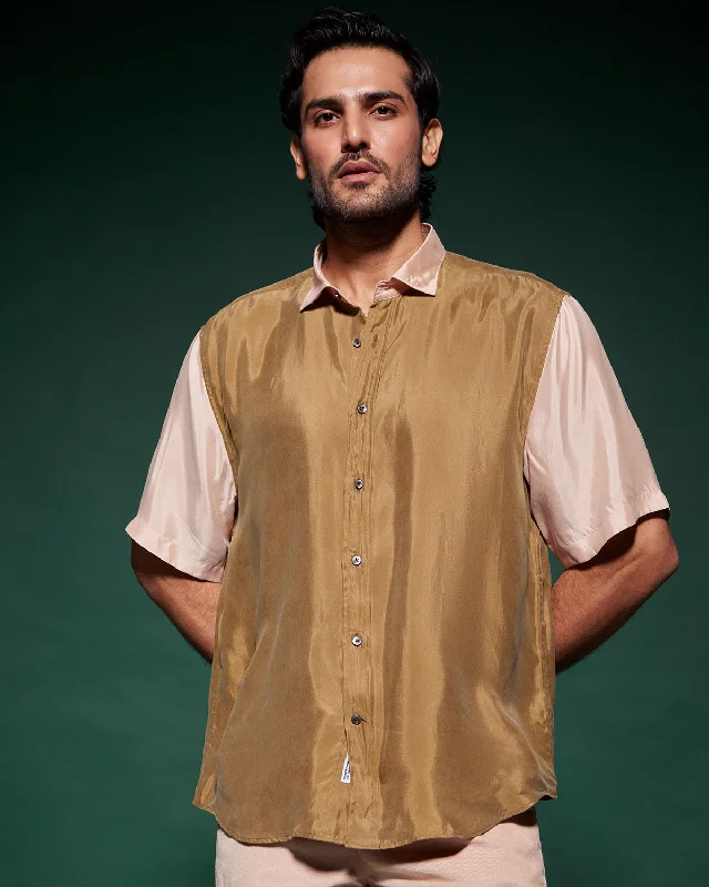 Brown & Beige Half-Sleeve Cupro Shirt