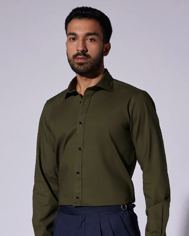 Stretch Self-Checked Slubby Shirt - Dark green