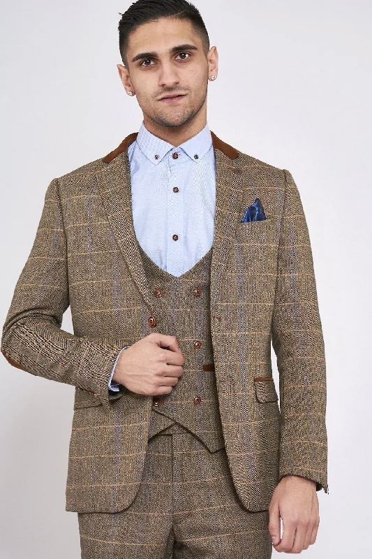 DX7 Tan Tweed Suit With Double Breasted Waistcoat | Check Suit | Office Wear | Wedding Suit