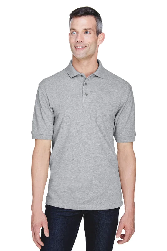 Harriton Mens Easy Blend Wrinkle Resistant Short Sleeve Polo Shirt w/ Pocket - Heather Grey