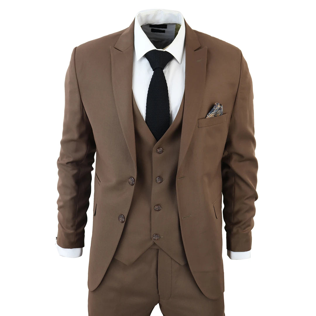 IM1 Men's Classic Plain Brown 3 Piece Suit