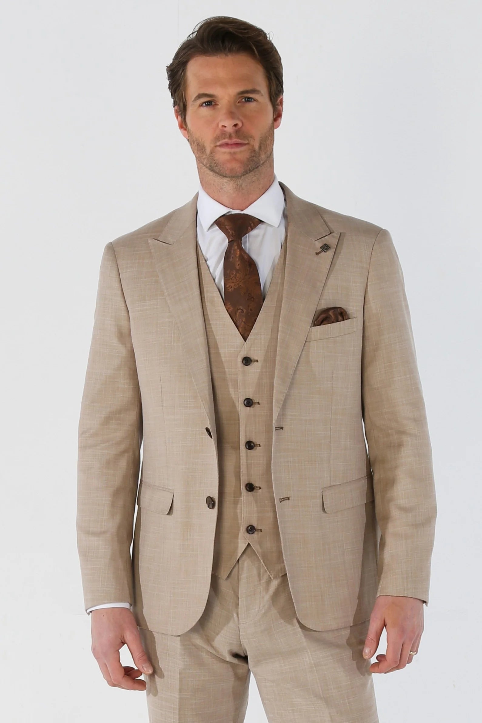 Kurt - Men's 3 Piece Beige Tailored Fit Summer Wedding Suit