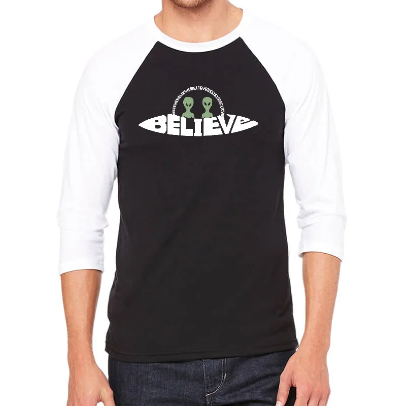 LA Pop Art Men's Raglan Baseball Word Art T-Shirt - Believe UFO