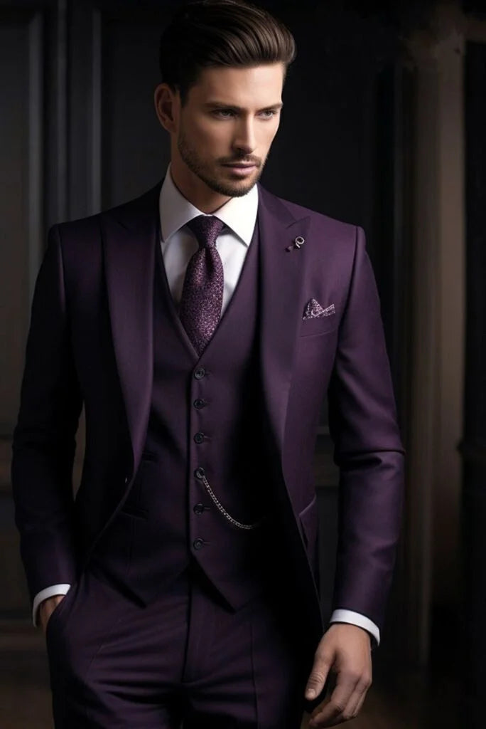 Man Stylish Dark Purple 3 Piece Suit Formal Wear Wedding Prom Suit Dinner Suits Bespoke