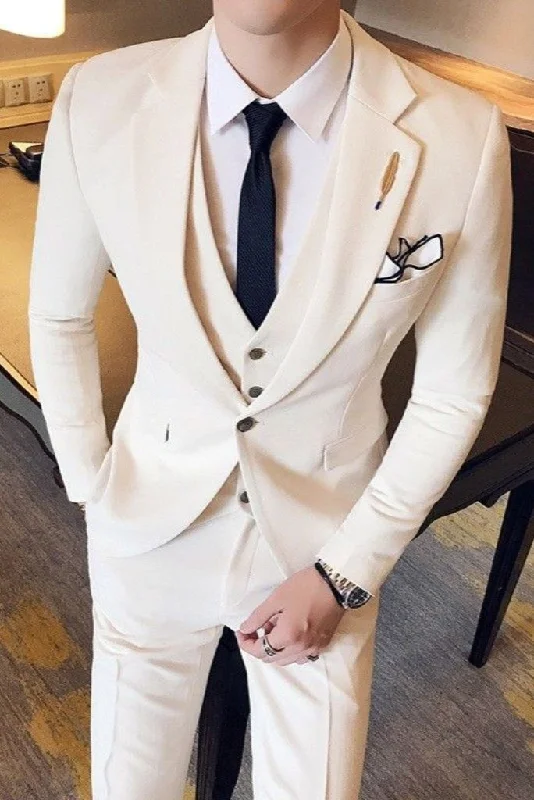 Mens Three Piece Suit Off White Wedding Suit Elegant Bespoke Suit Groomsmen Slim Fit Suit