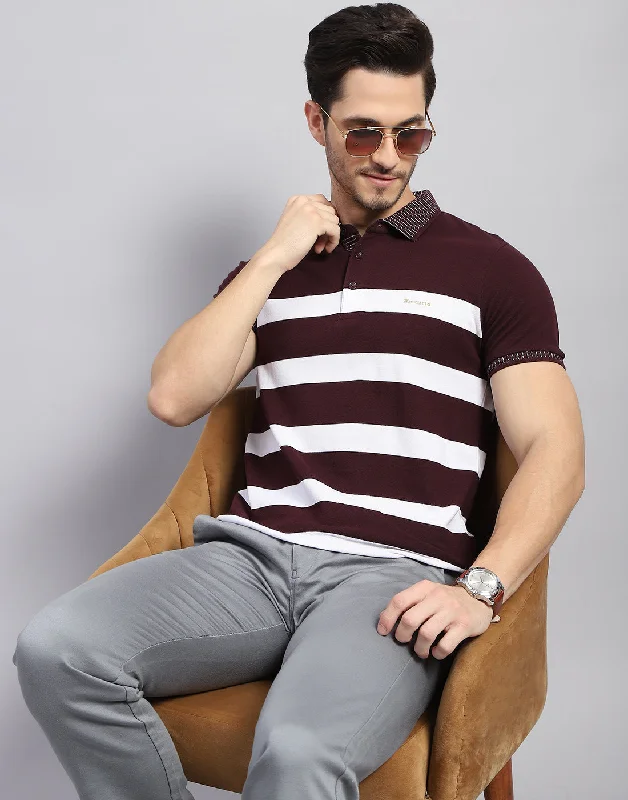 Men Maroon Stripe Polo Collar Half Sleeve T-Shirt