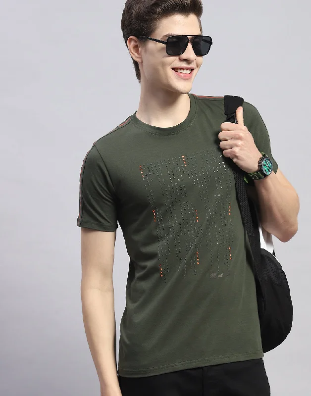 Men Olive Printed Round Neck Half Sleeve T-Shirt