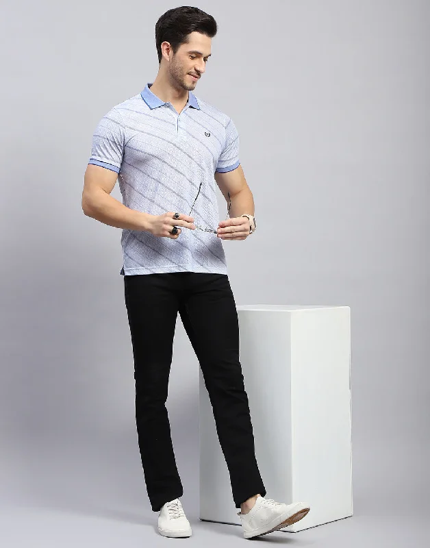 Men Sky Blue Printed Polo Collar Half Sleeve T-Shirt