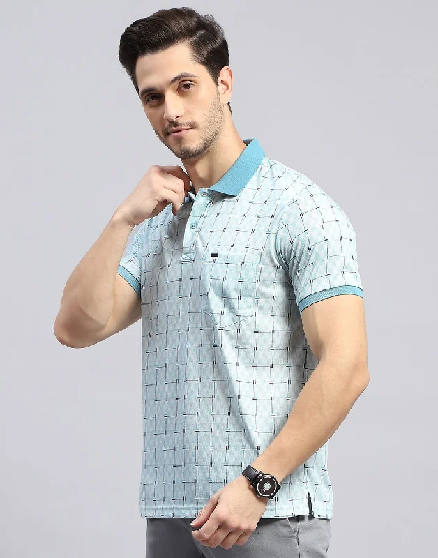 Men Sky Blue Self Design Polo Collar Half Sleeve T-Shirt