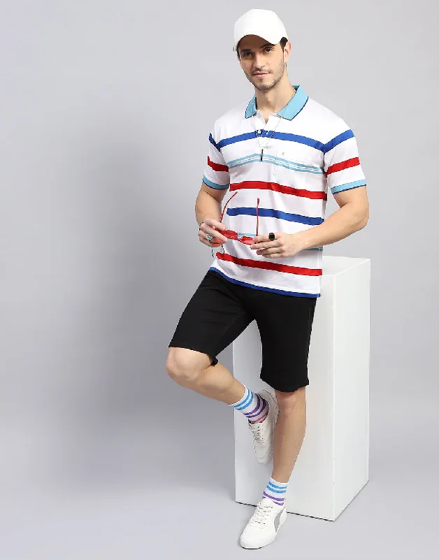 Men White Stripe Polo Collar Half Sleeve T-Shirt