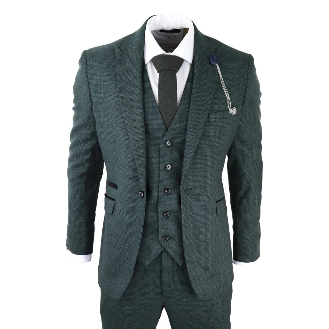 Caridi - Men's 3 Piece Check Suit Tweed Olive Green Wedding Peaky Classic