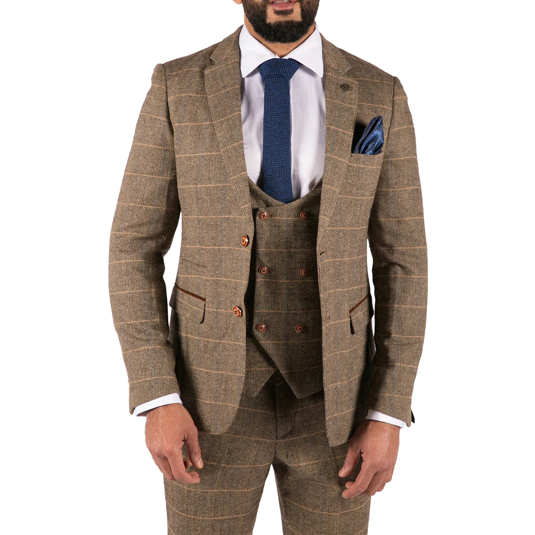 Blake - Men's 3 Piece Tweed Tan Check Double Breasted Suit