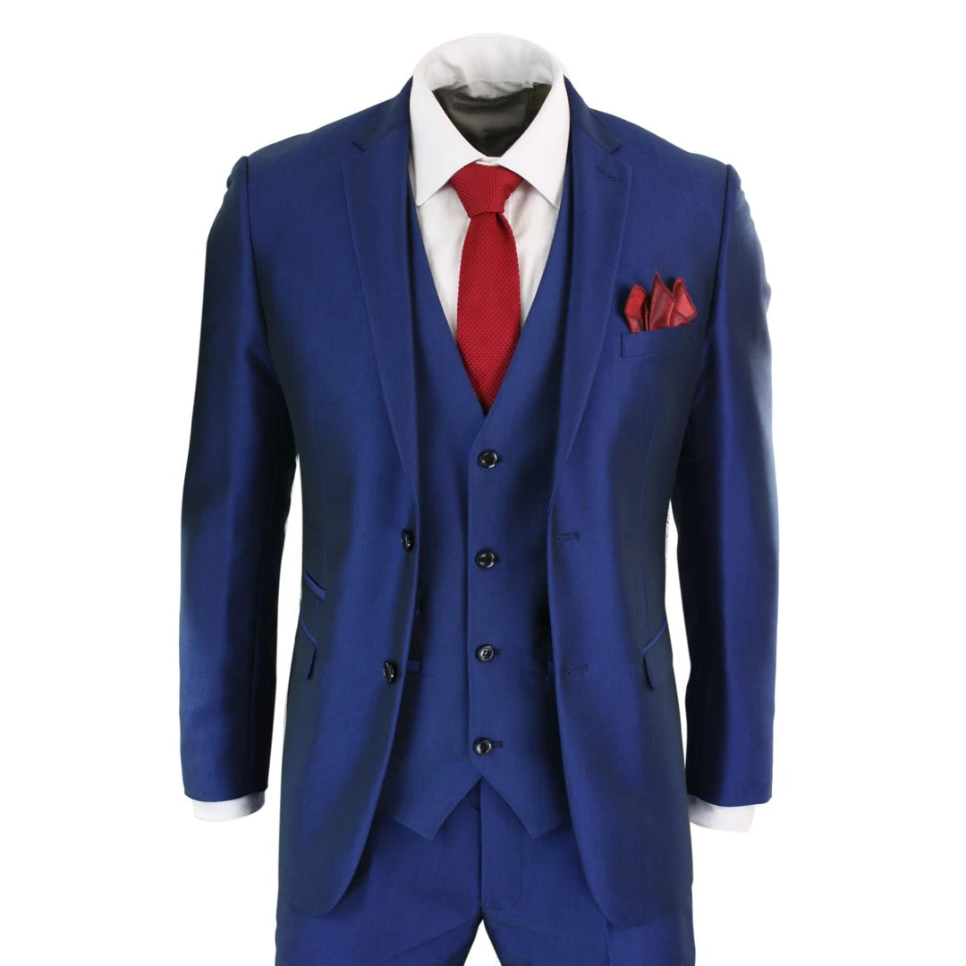 Kingsley - Men's 3 Piece Shiny Blue Wedding Prom Party Suit Formal