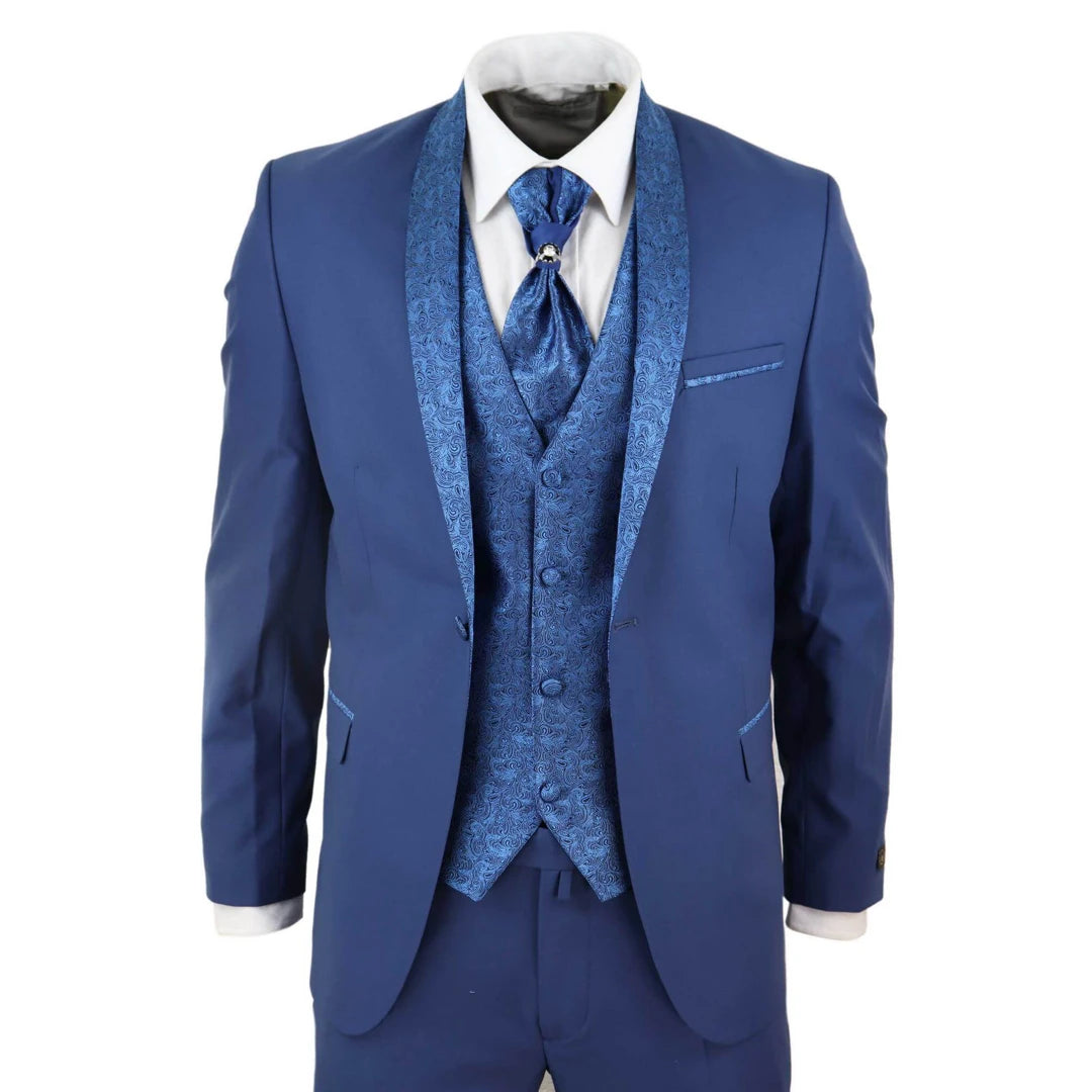 Sal-Yaica - Men's 4 Piece Wedding Suit Groom Shawl Collar Blue Cravat