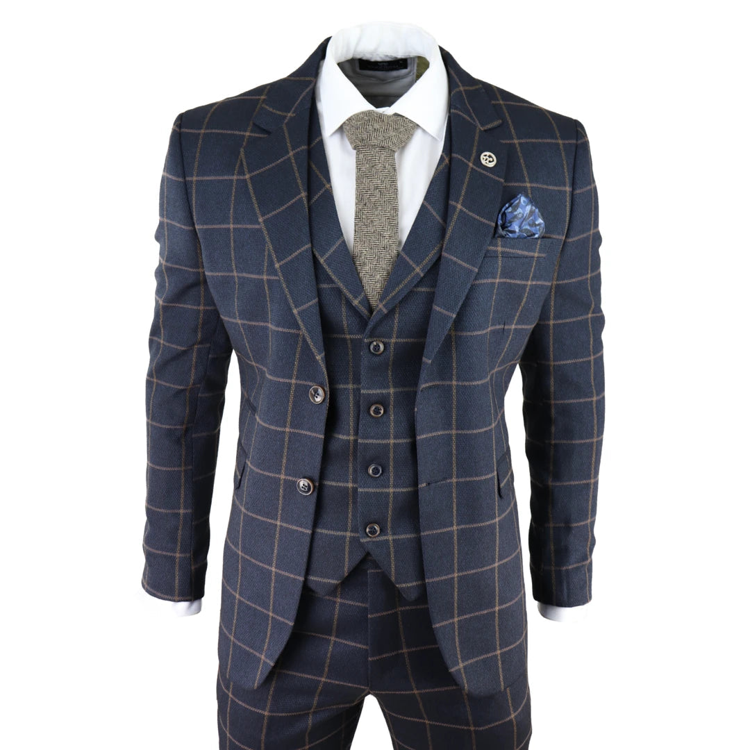 AK-15 - Men's Blue 3 Piece Suit Tan Check Classic Wedding Prom Peaky Tweed