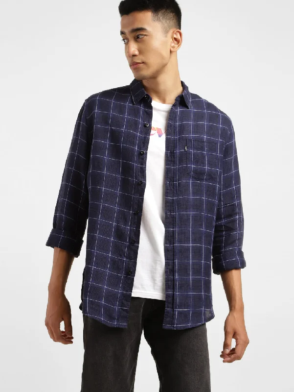 Men's Checkered Spread Collar Linen Shirt Purple