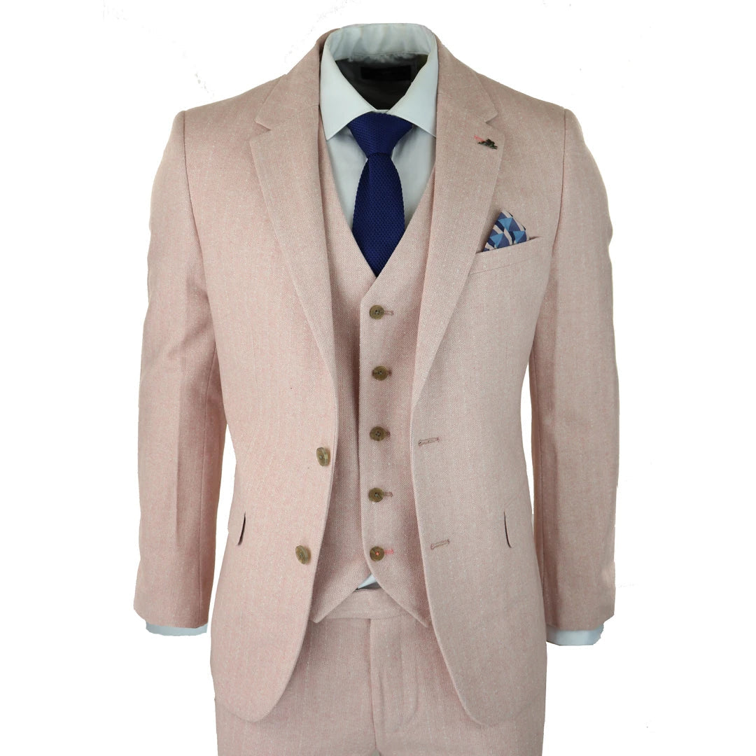 SW065522 - Men's Herringbone Tweed 3 Piece Suit Pink Blush Short Reg Long