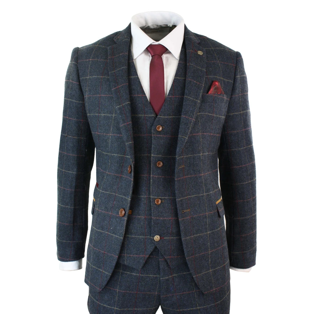 Eton - Men's Navy Blue Wine Check Herringbone Tweed 3 Piece  Suit