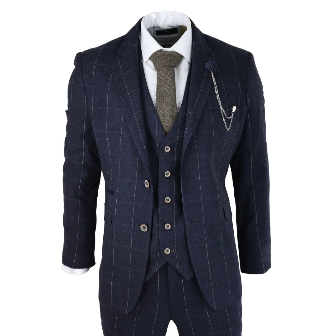 Angels - Men's Navy Check 3 Piece Suit Wool Tweed Classic 1920s Wedding