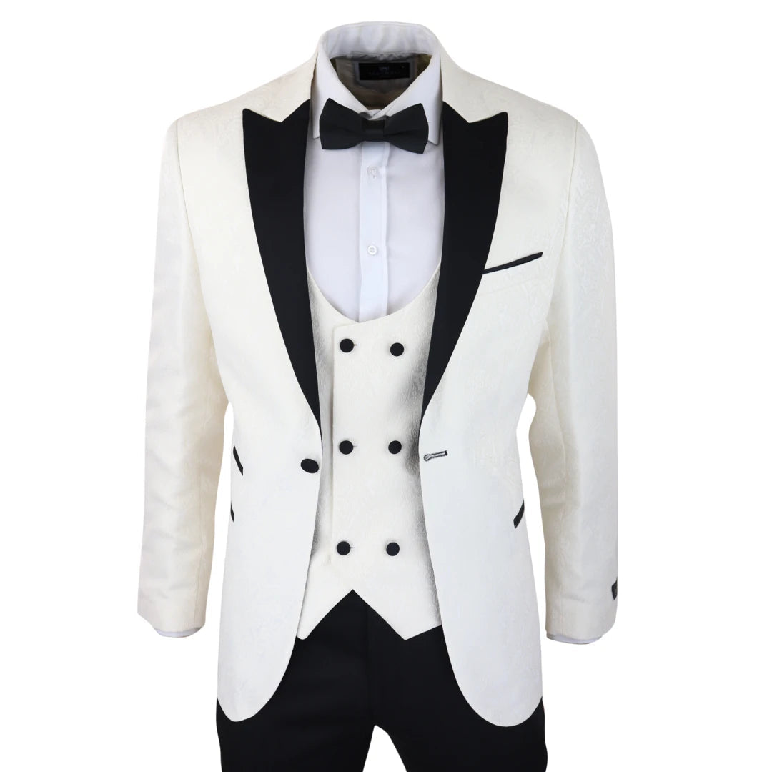 STZ61 - Men's Ivory Black Paisley Tuxedo Blazer And Waistcoat Dinner Jacket Satin